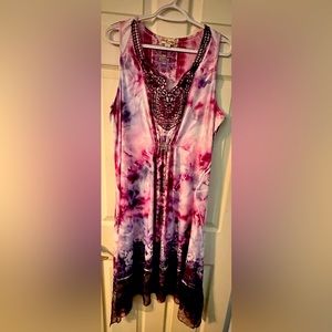 Sleeveless Pink & Purple Tie-Dye Beaded V-Neck Dress